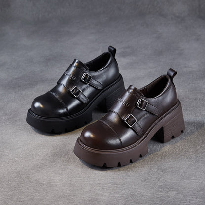 Women's Plain Leather Buckle Chunky Heel Loafers