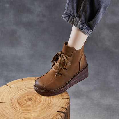 Women's Retro Plain Leather Wedge Ankle Boots