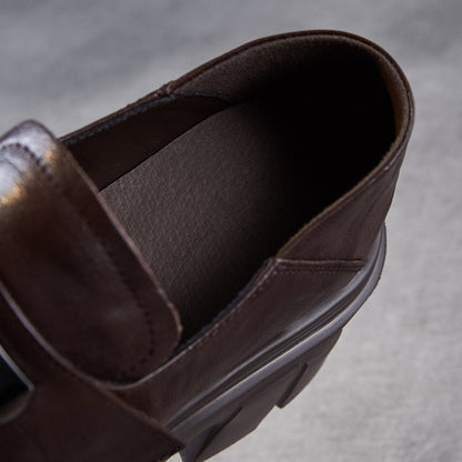 Women's Vintage Leather Metal Buckle Platform Loafers