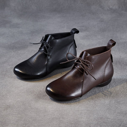 Women's Plain Leather Lace-up Casual Ankle Boots