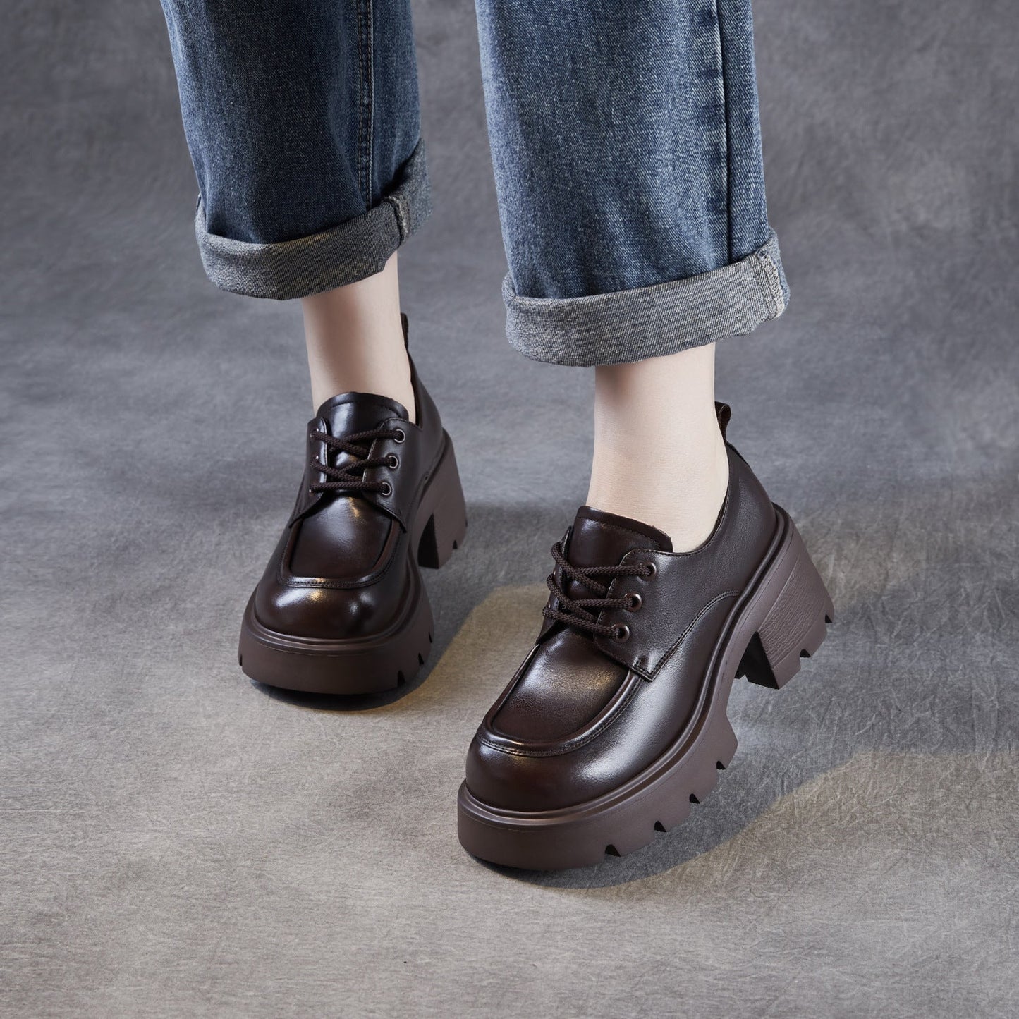 Women's Leather Lace-up Chunky Heel Loafers