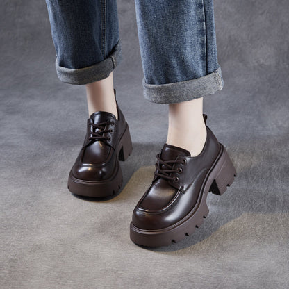 Women's Leather Lace-up Chunky Heel Loafers