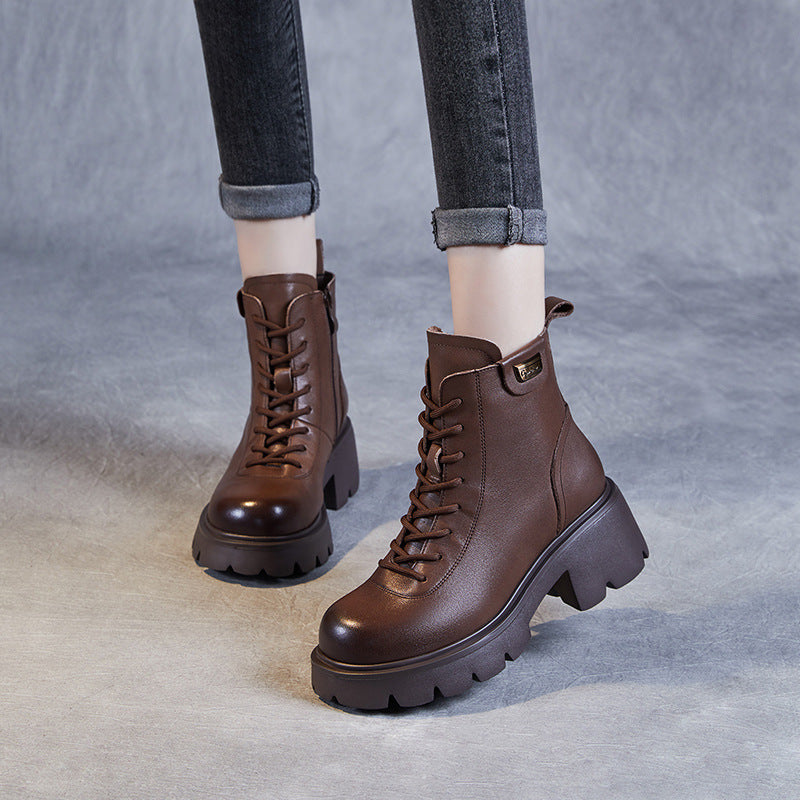 Women's Casual Plain Leather Platform Boots