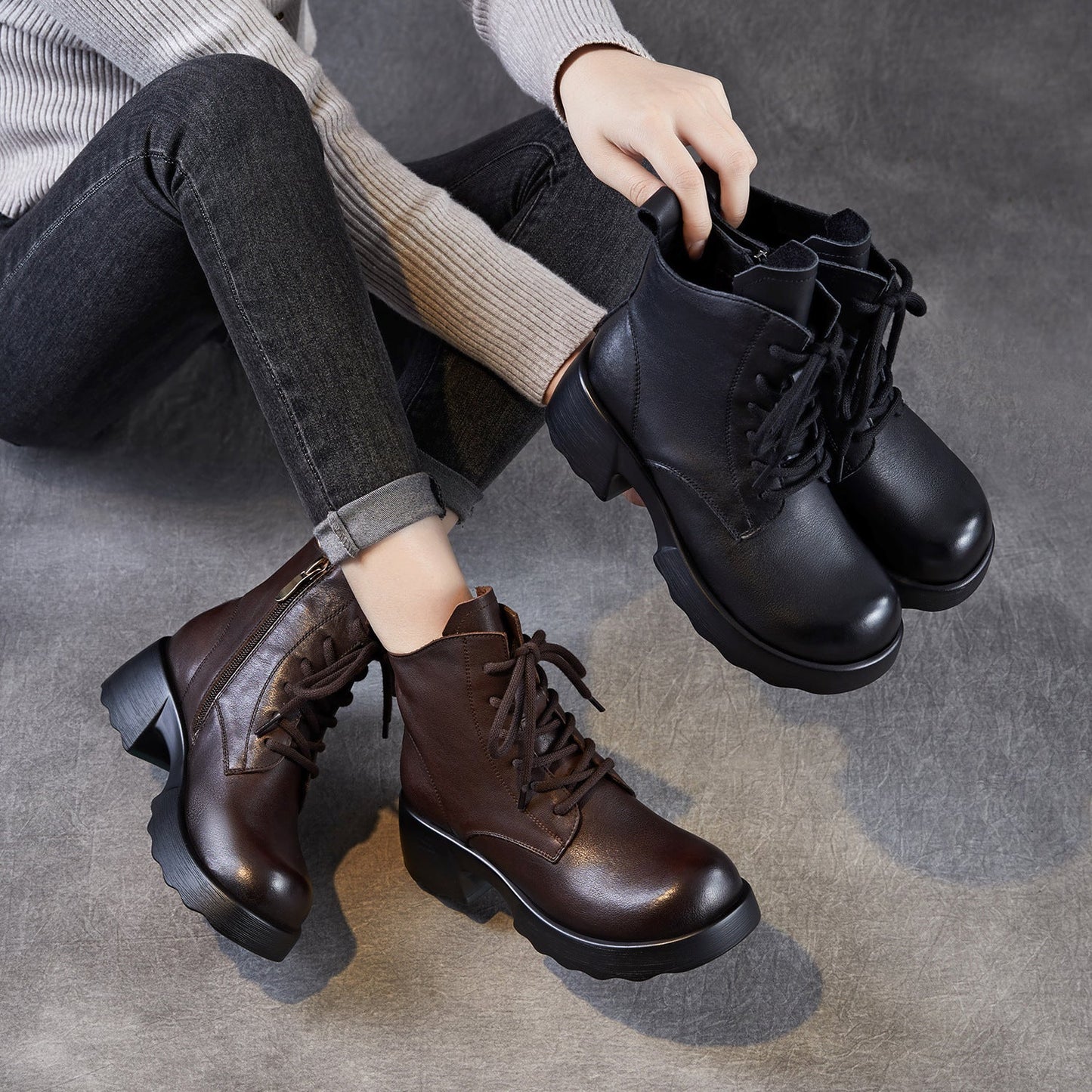 Women's Soft Breathable Leather Low Heel Ankle Boots