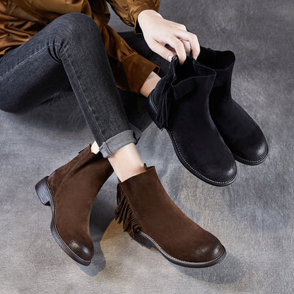Women's Retro Plain Suede Tassels Ankle Boots