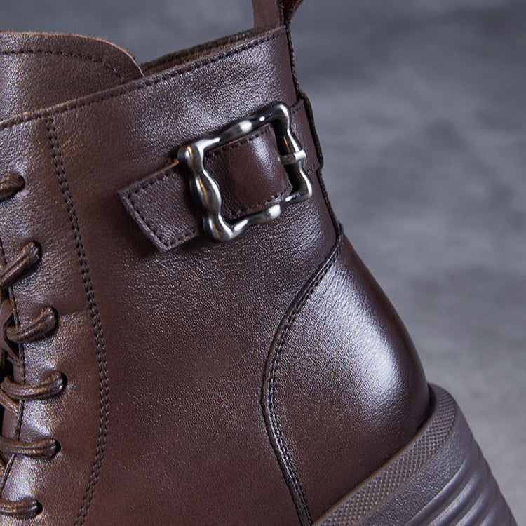 Women's Vintage Buckle Leather Platform Boots