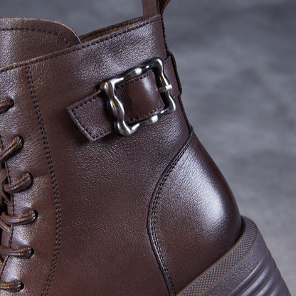 Women's Vintage Buckle Leather Platform Boots