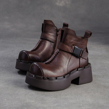Women's Vintage Leather Buckle Platform Ankle Boots-RAIIFY