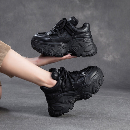 Women's Retro Plain Leather Chunky Platform Sneakers