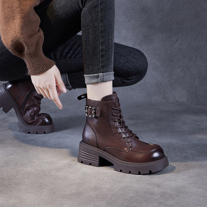 Women's Vintage Buckle Leather Platform Boots