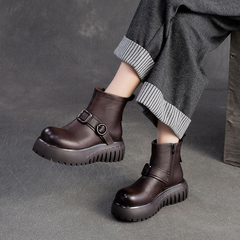 Women's Minimalist Plain Leather Ankle Platform Boots