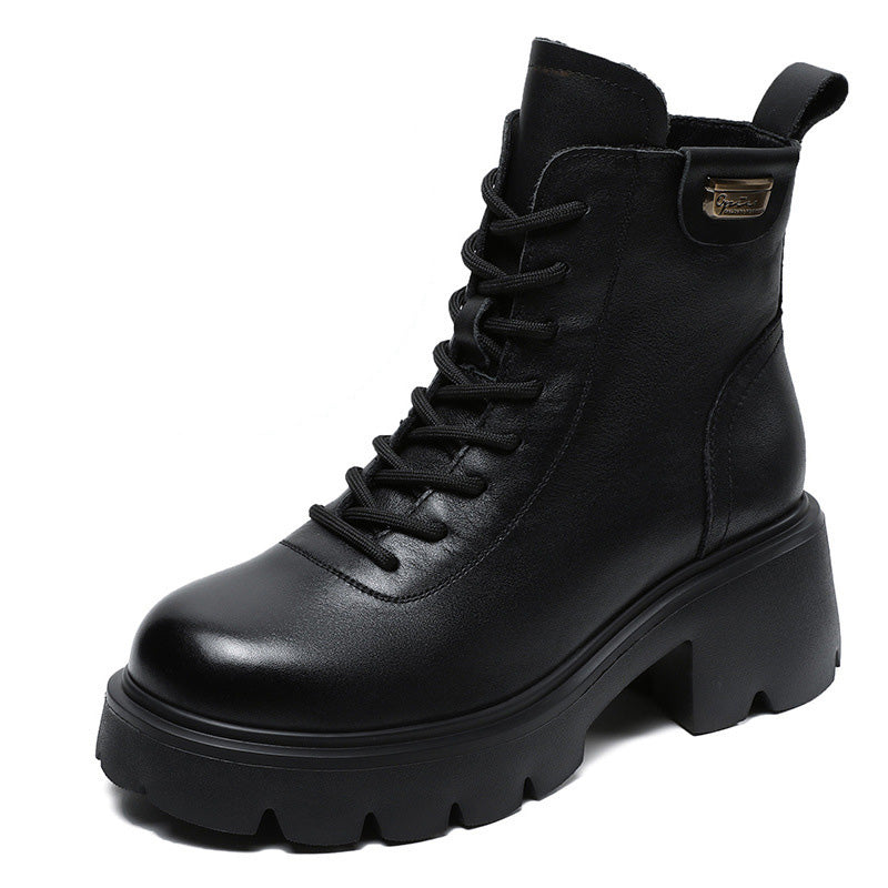 Women's Casual Plain Leather Platform Boots-RAIIFY