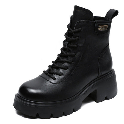 Women's Casual Plain Leather Platform Boots-RAIIFY