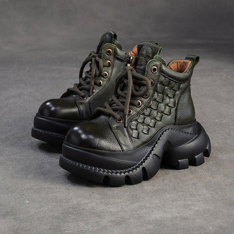 Women's Retro Woven Leather Comfort Platform Boots-RAIIFY