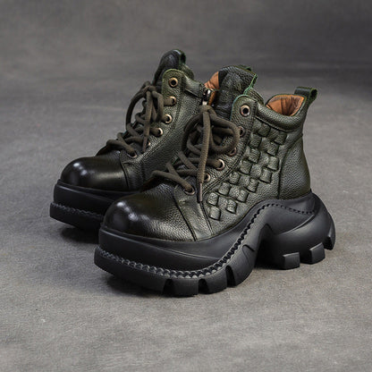 Women's Retro Woven Leather Comfort Platform Boots-RAIIFY