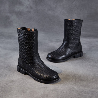 Women's Vintage Woven Embossing Leather Mid-Calf Boots