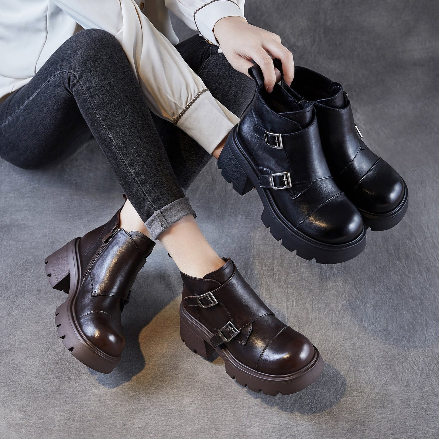 Women's Retro Leather Buckle Platform Ankle Boots