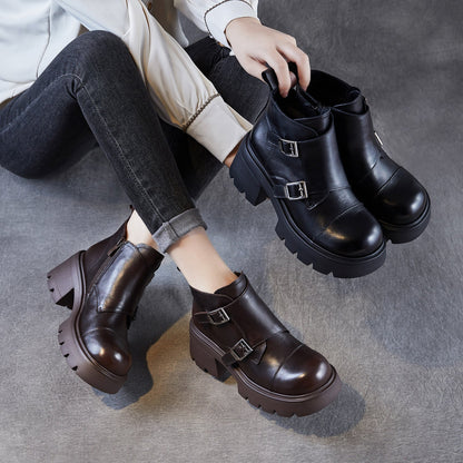 Women's Retro Leather Buckle Platform Ankle Boots