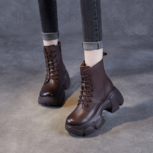 Women's Retro Plain Leather Chunky Platform Boots