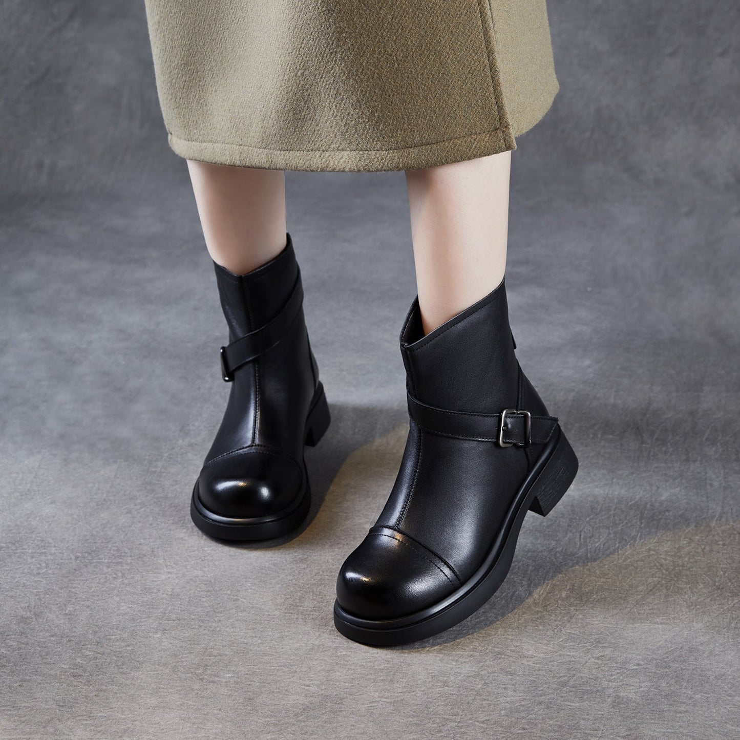 Women's Vintage Leather Buckle Strap Ankle Boots