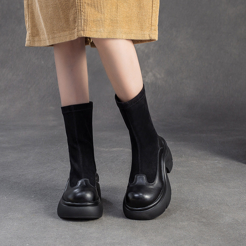 Women's Minimalist Retro Leather Elastic Mid-Calf Boots