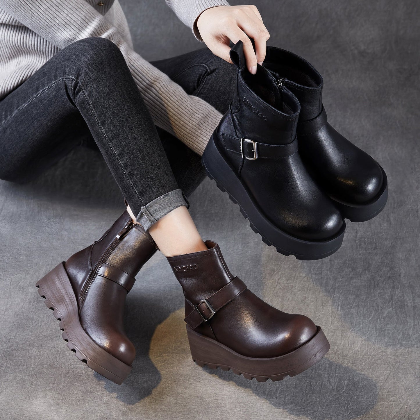 Women's Vintage Plain Leather Chunky Platform Ankle Boots