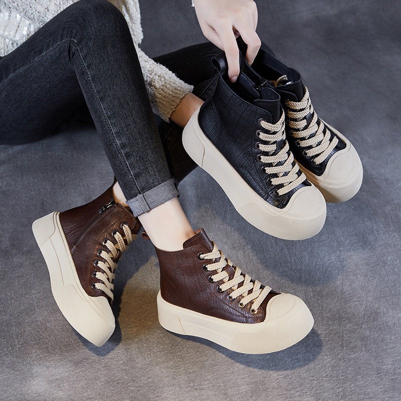 Women's Casual Plain Leather Flat Ankle Boots