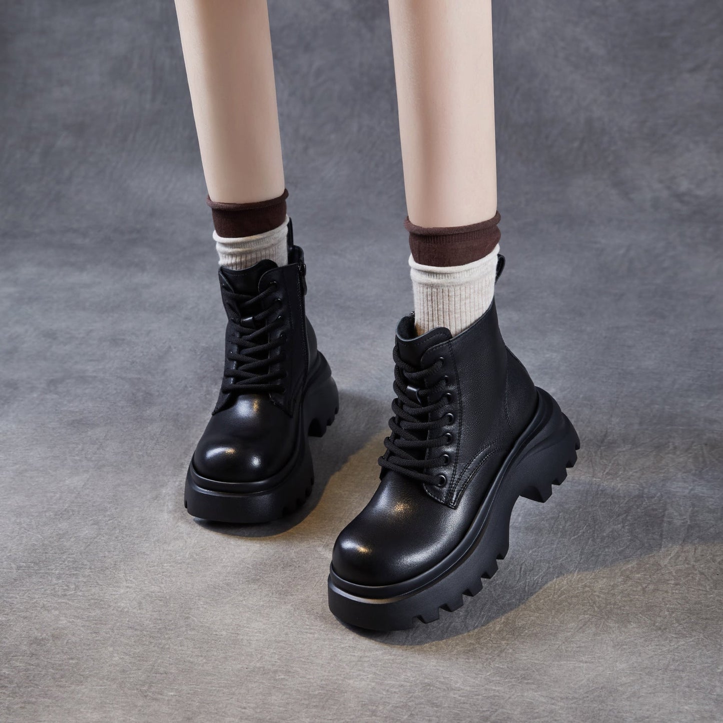 Women's Retro Plain Leather Chunky Platform Boots