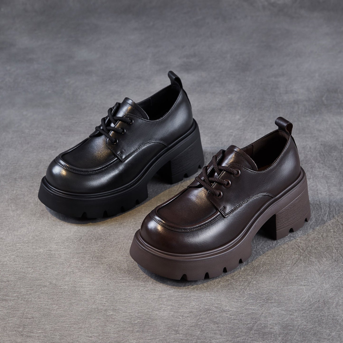 Women's Leather Lace-up Chunky Heel Loafers