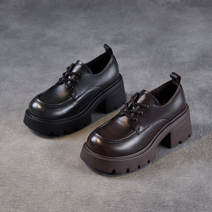 Women's Leather Lace-up Chunky Heel Loafers