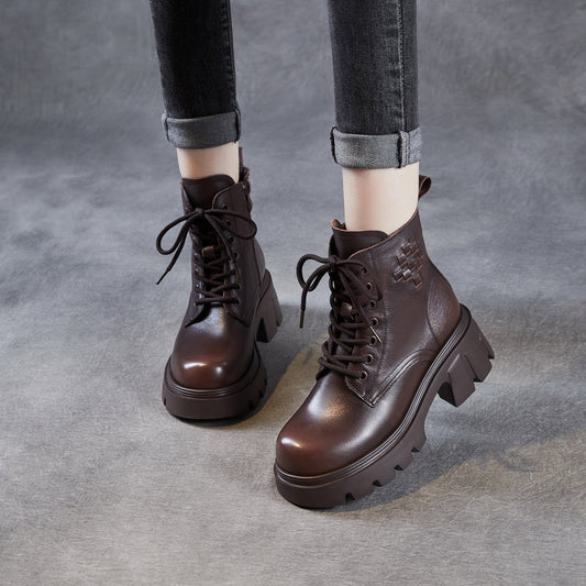 Women's Plain Embossed Leather Chunky Platform Boots