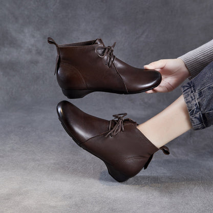 Women's Plain Leather Lace-up Casual Ankle Boots