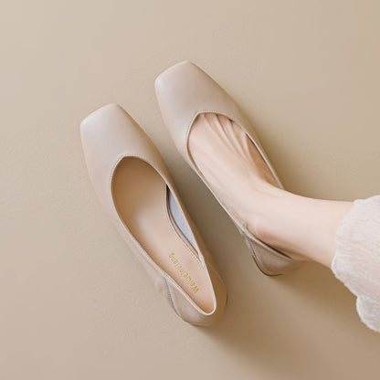 Women's Minimalist Plain Leather Chunky Heel Pumps