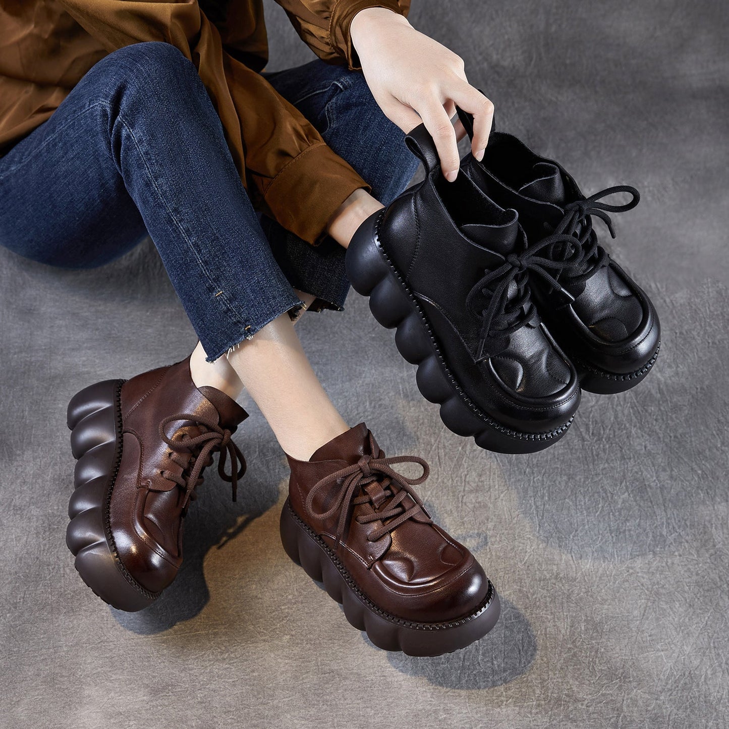 Women's Soft Leather Chunky Platform Ankle Boots
