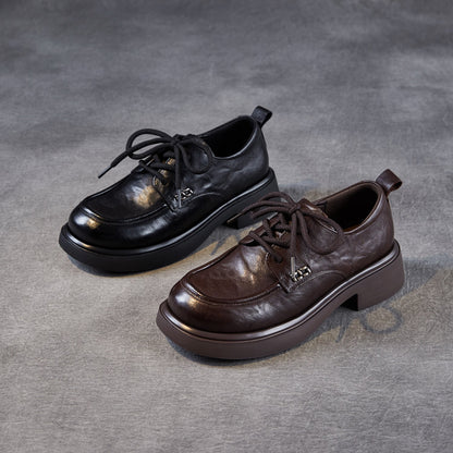 Women's Retro Plain Leather Casual Lace-up Loafers