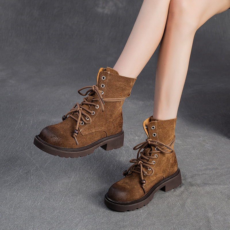 Women's Vintage Plain Leather Casual Lace-up Boots
