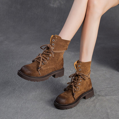 Women's Vintage Plain Leather Casual Lace-up Boots