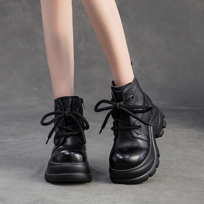 Women's Retro Plain Leather Platform Motorcycle Boots
