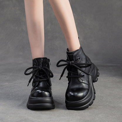 Women's Retro Plain Leather Platform Motorcycle Boots