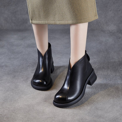 Women's Retro Plain Leather Low Block Ankle Boots