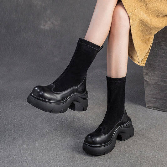 Women's Minimalist Retro Leather Elastic Mid-Calf Boots