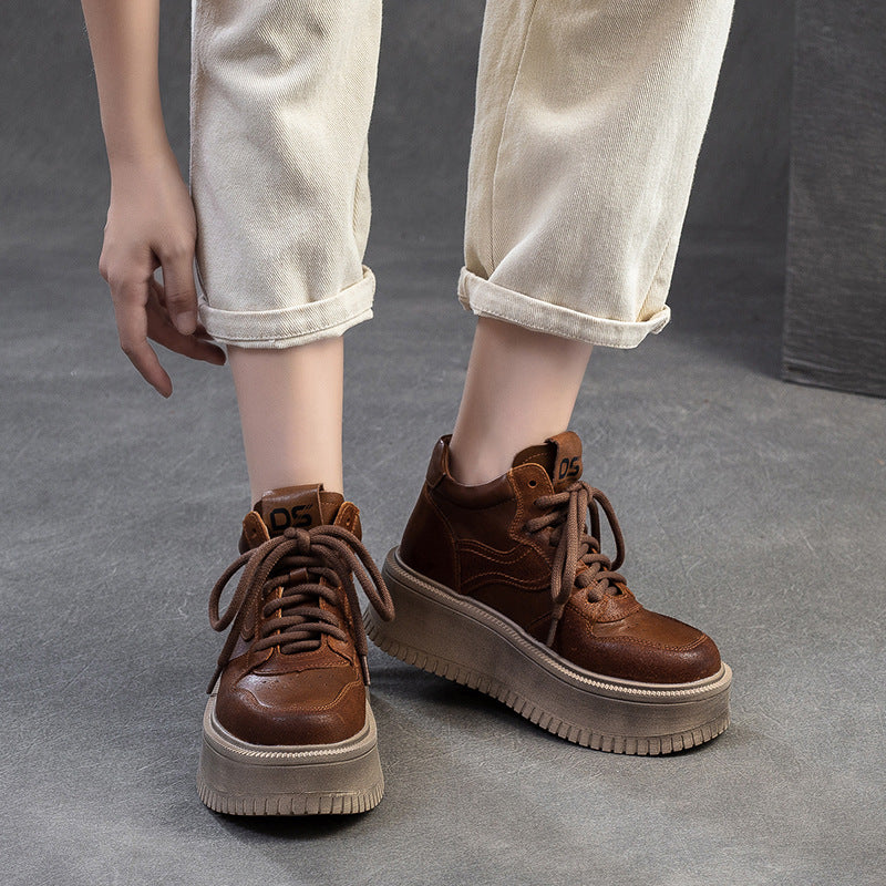 Women's Retro Leather High Top Platform Casual Shoes
