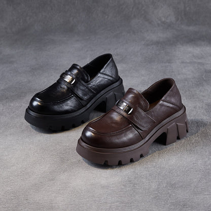 Women's Vintage Leather Metal Buckle Platform Loafers