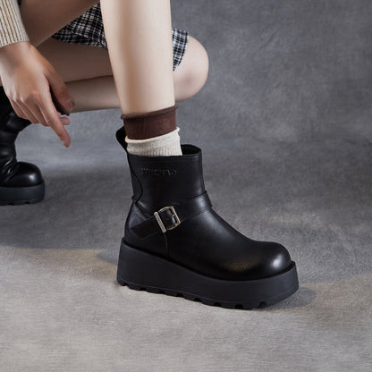 Women's Vintage Plain Leather Chunky Platform Ankle Boots
