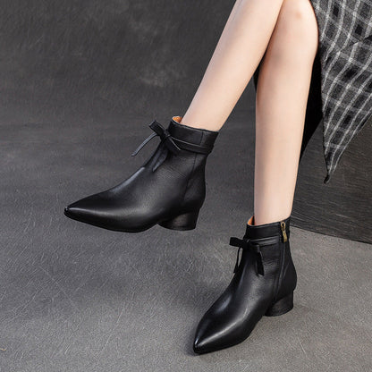 Women's Vintage Plain Leather Pointed Toe Ankle Boots
