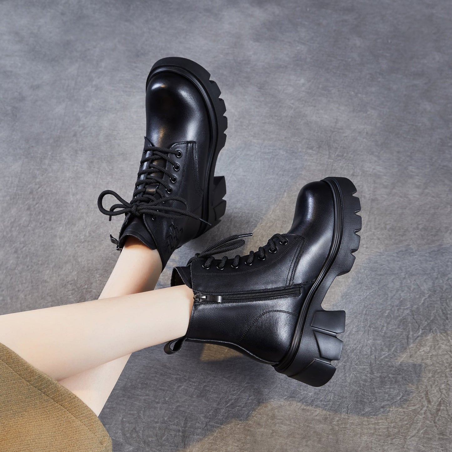 Women's Plain Embossed Leather Chunky Platform Boots