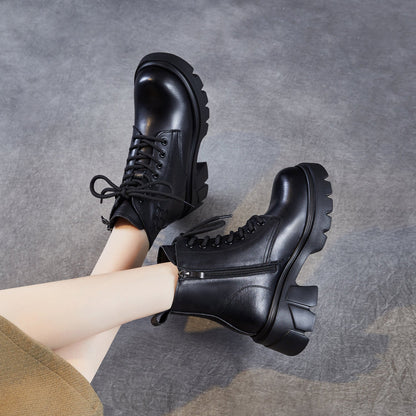 Women's Plain Embossed Leather Chunky Platform Boots