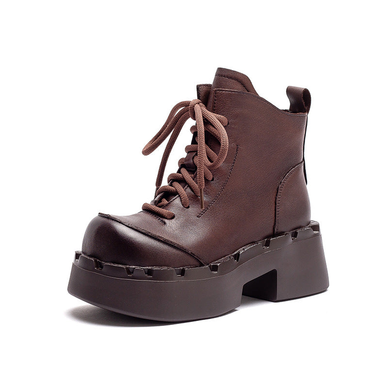 Women's Retro Leather Chunky Platform Ankle Boots