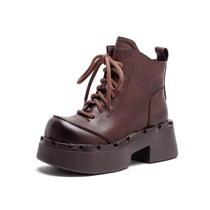 Women's Retro Leather Chunky Platform Ankle Boots