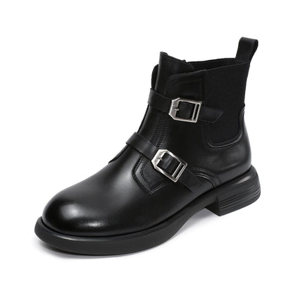 Women's Retro Buckle Leather Slip-on Ankle Boots-RAIIFY